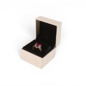 Trillion cut shimayo rubelite (earth mined) & diamond ring set 18ct yellow gold, 8mm x 8mm, size