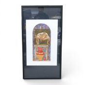 Framed artwork of a colour offset lithograph, featuring a stylised still life with a watermelon