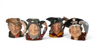 Four Royal Doulton Character Jugs to include The Poacher D6429, Rip Van Winkle D6438, Pied Piper