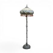 Tiffany Style Lamp Base and Shade With Hanging Amber Droplets, Floral Design Around Base, Tapered