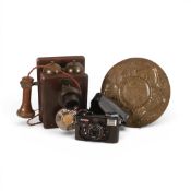 a group of mixed items to include an Islamic style brass plate, a Konica Camera in case and an early