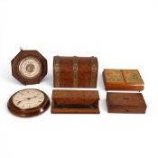 A group of wooden items to include an inkstand with liners, Jewellery box, two other boxes , wall
