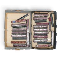 A collection of metal kit-built OO gauge LMS liveried passenger coaches, some carriages with painted