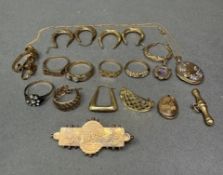 A collection of 9ct jewellery including rings, earrings, a brooch, locket pendant, etc, combined