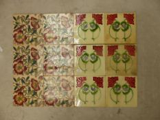 Two sets of 6 early 20th-century fireplace/wall/floor tiles, 15cm x 15cm x 1.2cm (12).