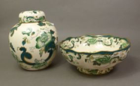 Mason's Green Chartreuse pattern items to include a large ginger jar and cover and a footed fruit