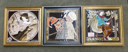 Three Maws framed decorative tiles, Autumn, Medieval Musician and Punch & Judy, overall size of each