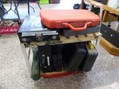Scratch-built trolley of mostly cased tools and accessories including brands such as Screwfix, etc.