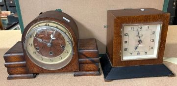 Two oak-cased mantel clocks including a French 'Bulle' battery powered Art Deco example (2).