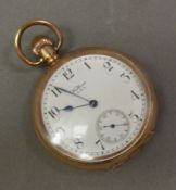 Waltham pocket watch, hand-wound movement, round white dial, Arabic numerals, subsidiary dial at the