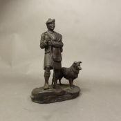Tom Mackie for Heredities bronzed resin figure of a Scottish shepherd with dog, signed, height