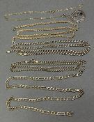 A group of four 9ct gold necklaces, together with a 9ct pendant, combined 18.2g.