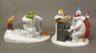 Two boxed Coalport Characters The Snowman figurines Off Piste and The Band Plays (2).