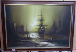 Barry Hilton original oil painting on canvas, signed lower right, framed, depicting ships in a