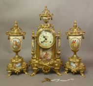 Italian Franz Hermle Lancini brass and porcelain clock garniture set, working order, key present,