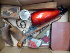 Mixed collection of items to include a puzzle box, vanity set, and a piano-shaped musical