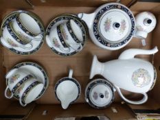 Wedgwood Runnymeade pattern tea/coffee set: teapot, coffee pot, 6 trios, milk jug and covered