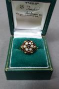 Antique 9ct Garnet & Pearl cluster ring, size M, 4.3g.