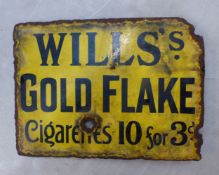 Enamelled metal tobacconist's sign, double sided with a flange, one side reading Wills's Gold