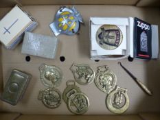 Mixed collection of items to include horse brasses, a Book of Common Prayer, boxed Zippo lighter