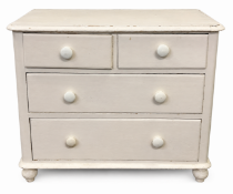 A painted white farmhouse chest of 2 over 3 drawers. 79cm H x 50cm D x 94cm W.