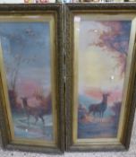 Two large gilt-framed pieces of artwork on canvas under glass, depicting stags at sunset, each