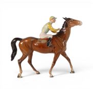 Beswick Walking Racehorse in Brown Gloss, Jockey with Green & Yellow Silks. Model 1037. Height 21cm