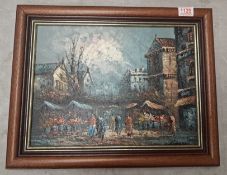 20th century, oil on canvas, a Parisian street market scene, signed C Burnett, framed, measuring