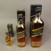3 boxed bottles of Johnnie Walker Black Label Old Scotch Whisky. 40% vol, 70cl, 35cl & 5cl. (2)