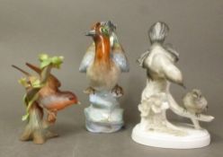 Three Crown Staffordshire bird figures: Teal, Robin and a mother feeding her chick, tallest 18.