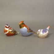 Royal Crown Derby paperweights Waxwing (no stopper), Chaffinch & Goldcrest both with gold