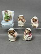 Beatrix Potter Mrs Tiggy-Winkle Character figures to include Two with an iron, Takes Tea, Washing