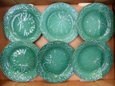 Set of six Wedgwood of Barlaston & Etruria green glazed cabbage ware salad plates, diameter 20cm (