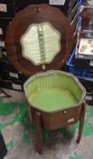 Vintage Morco oak mid-century sewing table with silk fabric interior.