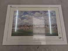 Cricket interest: framed limited edition print of an oil painting by Jocelyn Galsworthy, England v