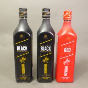 Three bottles of Johnnie Walker blended whisky, 2 x 12-year-old Black Label & 1 Red Label. 40%vol,