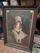 Large framed and glazed oil on board painting of a young girl, overall size 96cm x 71cm.