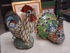 Two novelty table lamps, stained glass effect, one in the form of a rooster and one as a peacock,