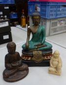 Large cast metal Buddha, cold-painted, together with 2 small resin similar figures, tallest 42cm (
