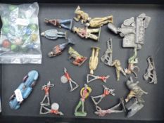 Small collection of lead soldiers and figures, a toy car, vintage marbles, etc.