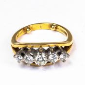 18ct gold five stone diamond ring, the largest centre stone approx. .35ct, ring size M, 5.9g.