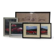 A collection of framed Ferrari prints including Ferrari 512 TR. (H: 54cm x W: 77cm) (5)