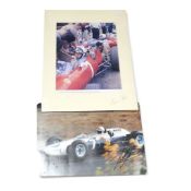 Signed John Surtees photograph, driving his blue and white Ferrari 158, together with a photograph