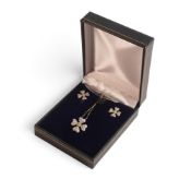 9ct yellow gold & diamond set clover pendant, 9ct chain & matching diamond earrings (45cm). With