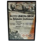 Framed licensed reproduction poster for the 1939 Auto Union GP victory in Belgrade, featuring race