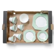 Palissy Art Deco tea set with green and gilt banded pattern to included teacups, saucers, square