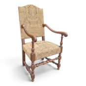 French revival style oak armchair with tapestry upholstery, carved and turned oak details. (H: 114cm