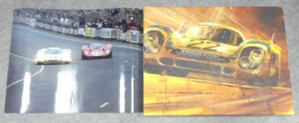 1960's photograph Le Man race depicting a Ferrari 312P racing a Porsche 917, together with a