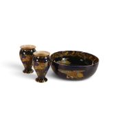 Crown Devon Fieldings blue lustre butterfly vases, together with H.H & G Golden Moon bowl (a/f)