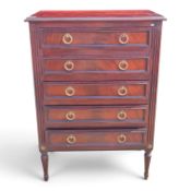 French Louis XVI style mahogany chest of 5 drawers, with brass handles and fluted legs. (H: 60cm x